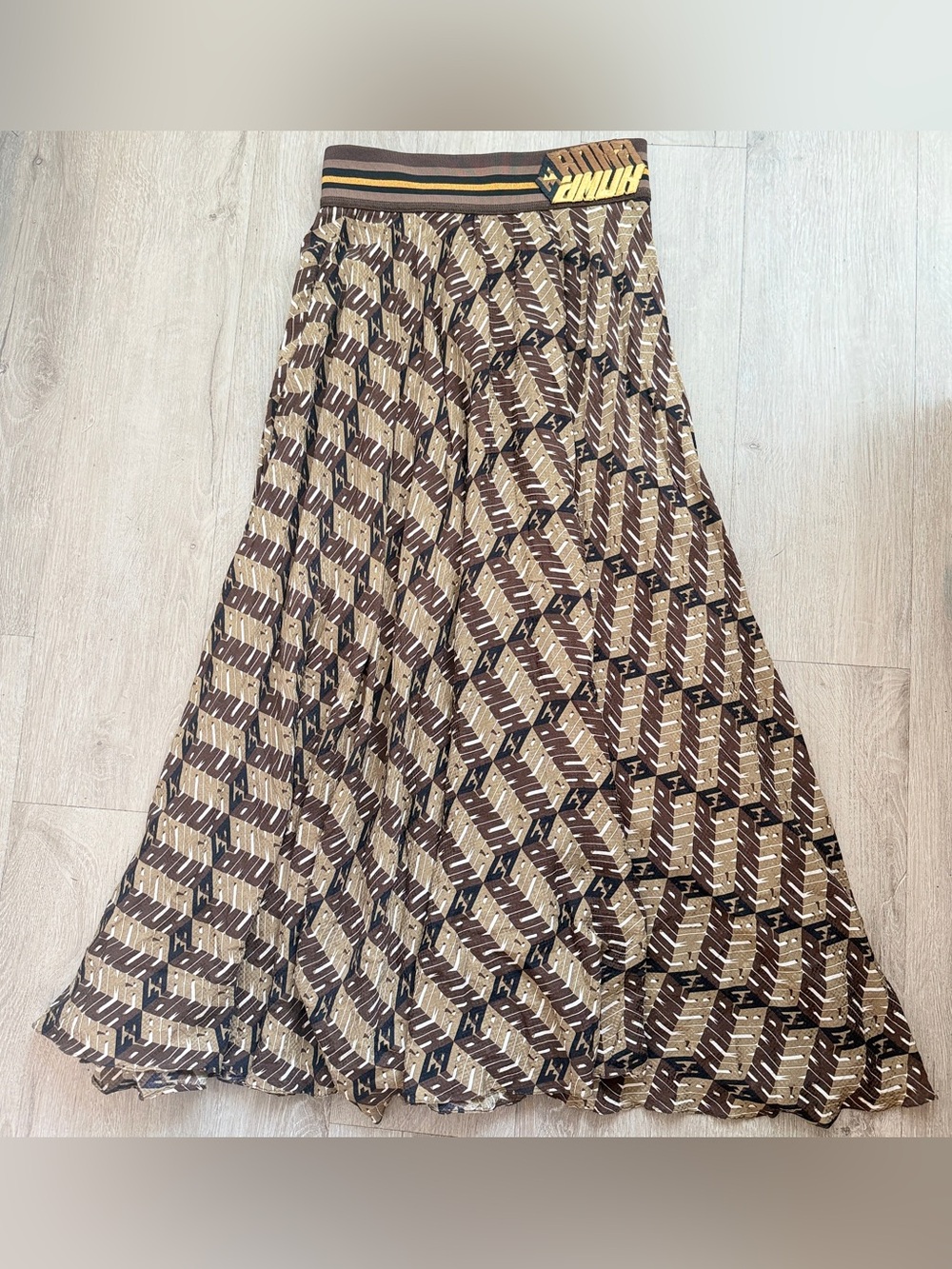 Fendi Roma FF Vertigo Silk Maxi Midi Skirt Brown Monogram Logo IT 38 US 2